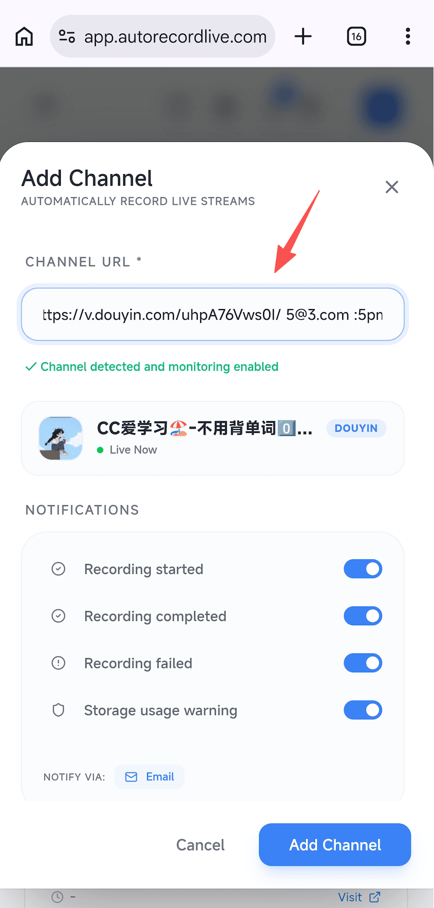 Step 3: Paste the link into AutoRecordLive