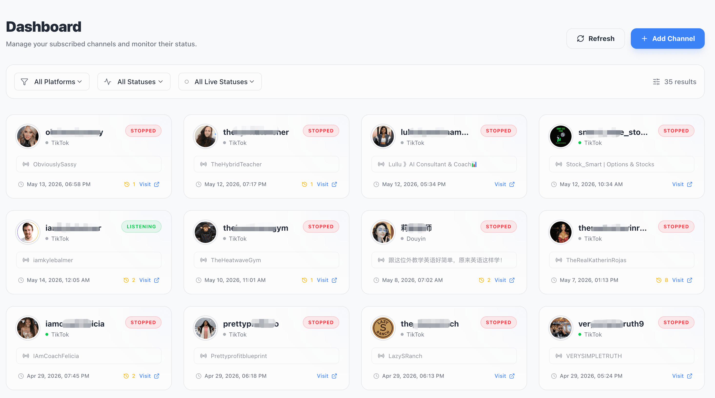 Monitoring dashboard waiting for a live stream