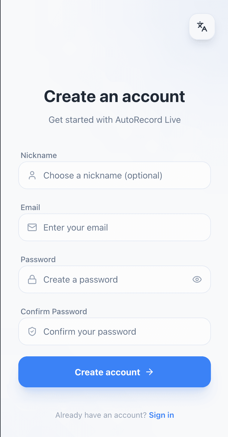 Step 1: Create an AutoRecordLive account