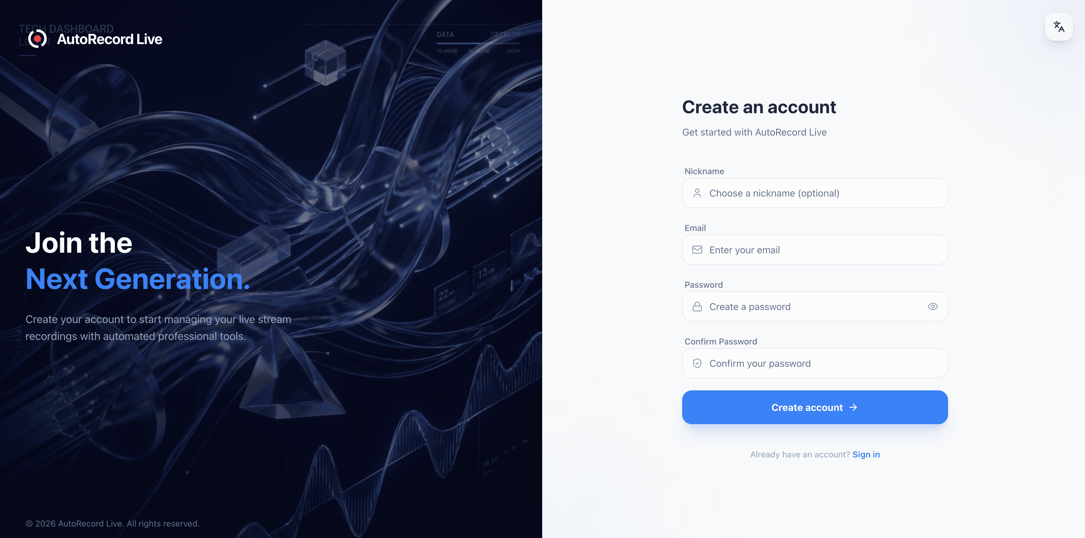 Step 1: Create an AutoRecordLive account